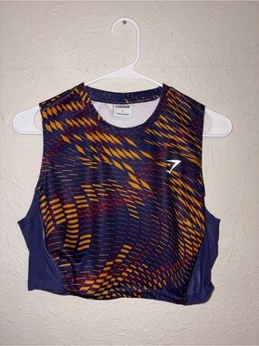Gymshark Navy Athletic Top with Mustard & Red Geometric Print